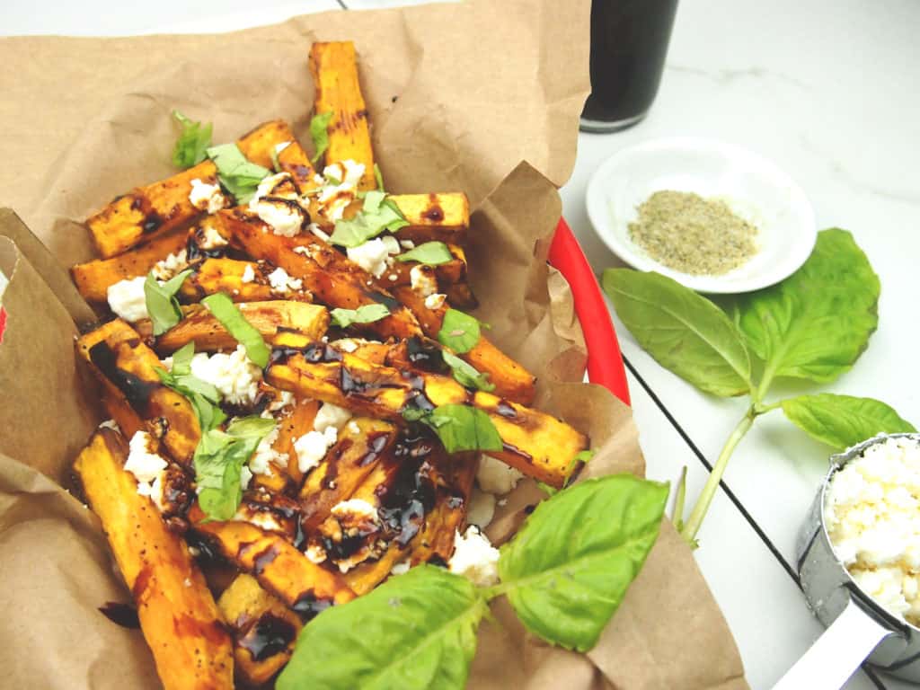 loaded Greek fries with feta, basil, and balsamic glaze