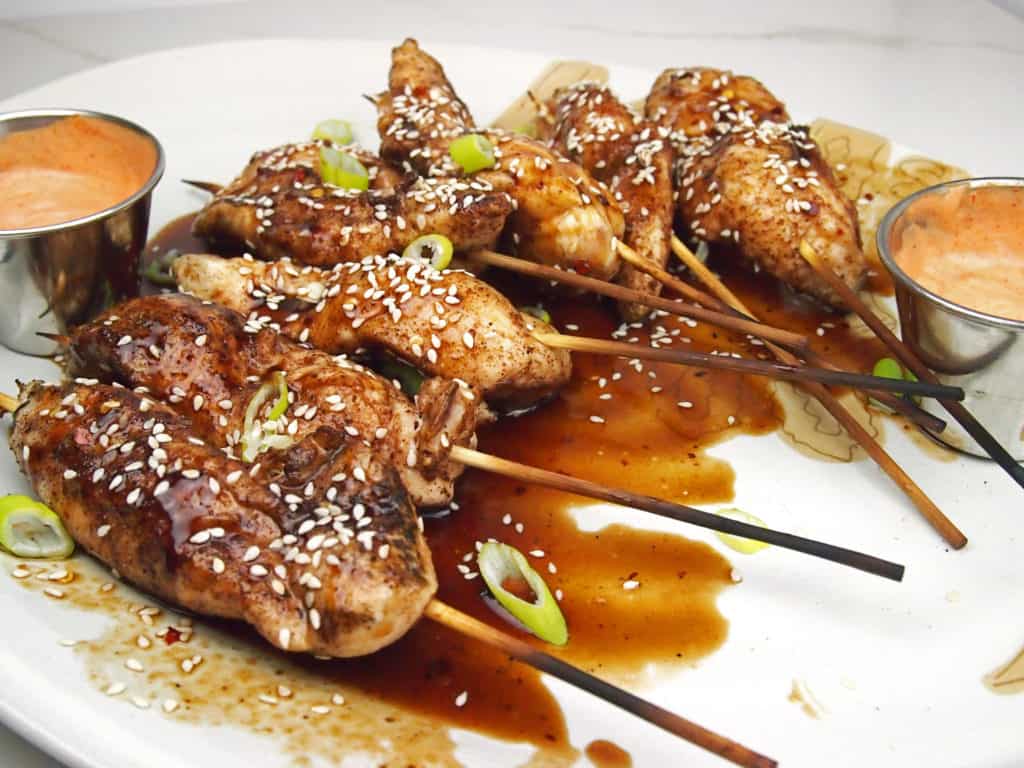 Side view of chicken skewers with honey and hoisin sauce