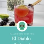 Close up of an el diablo cocktail garnished with a blackberry and lime with a bottle of tequila in the background and blackberries and limes on the side. Pinterest image with the words "halloween cocktail" and "el diablo cocktail" and a blue skeleton skull.