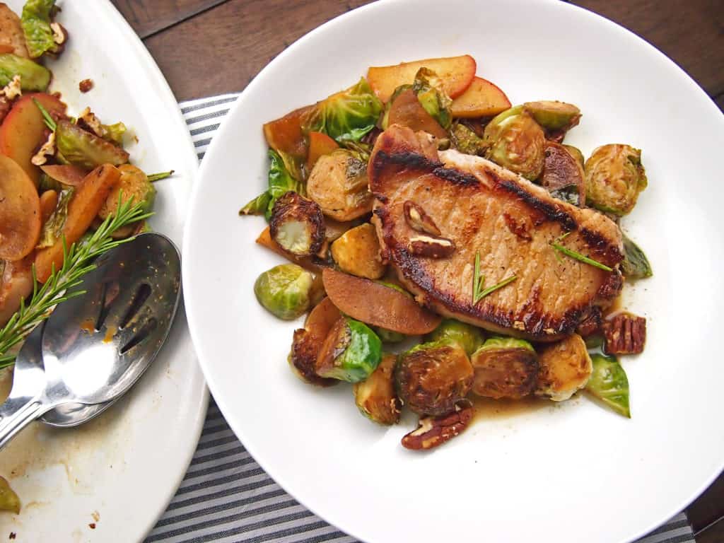 Cider braised pork on a bed of caramelized brussels sprouts
