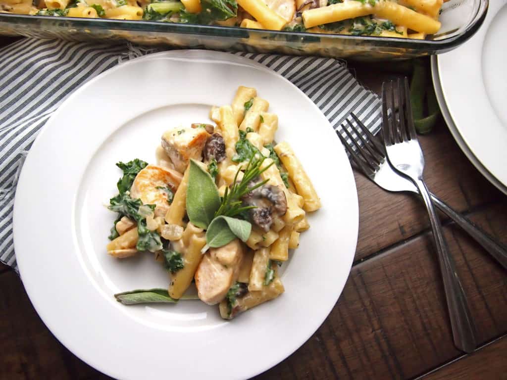 View of Chicken, mushroom, and kale pasta bake with sage and rosemary