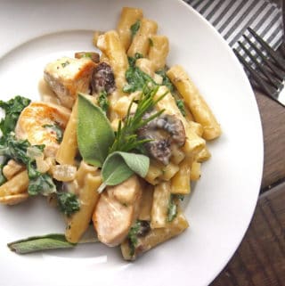 View of Chicken, mushroom, and kale pasta bake with sage and rosemary