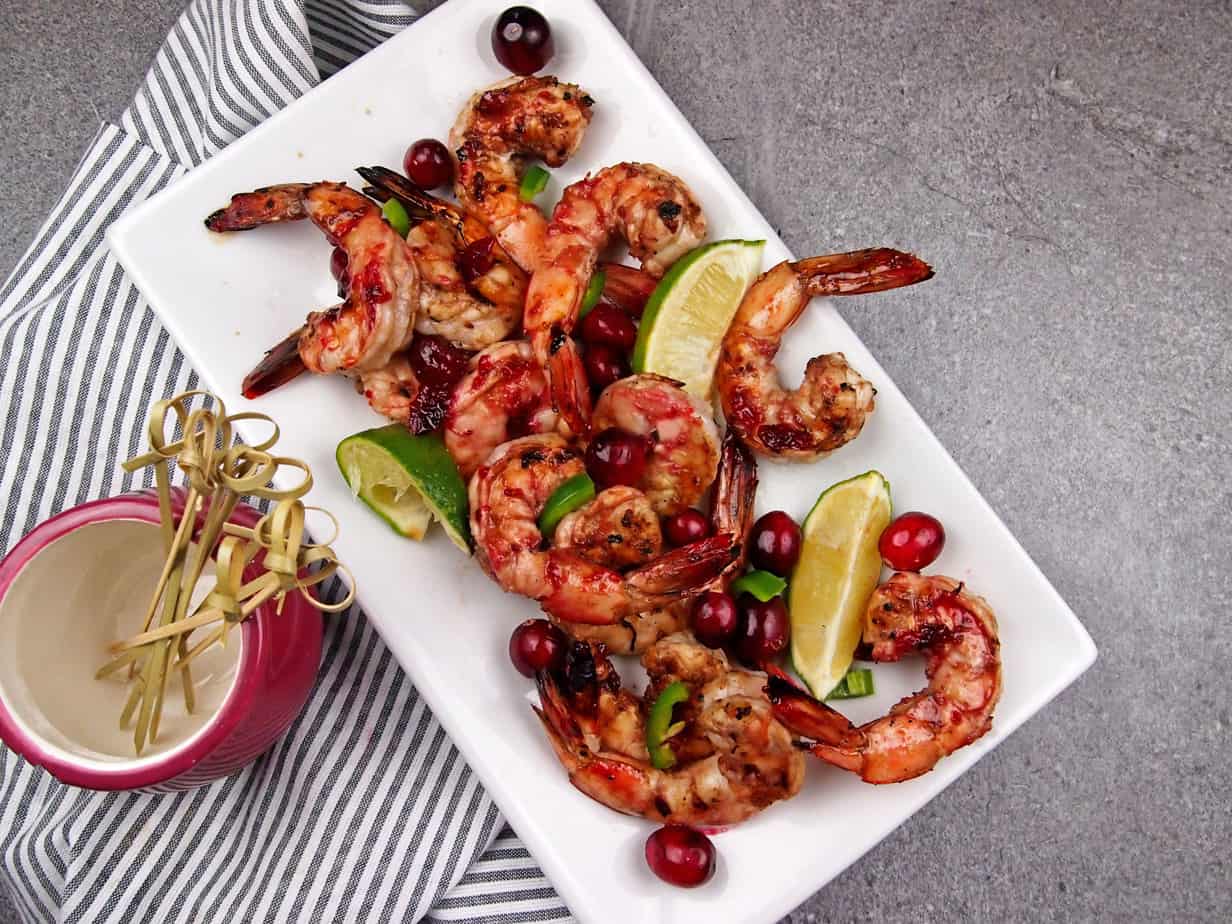 Overview of platter of cranberry marinated shrimp