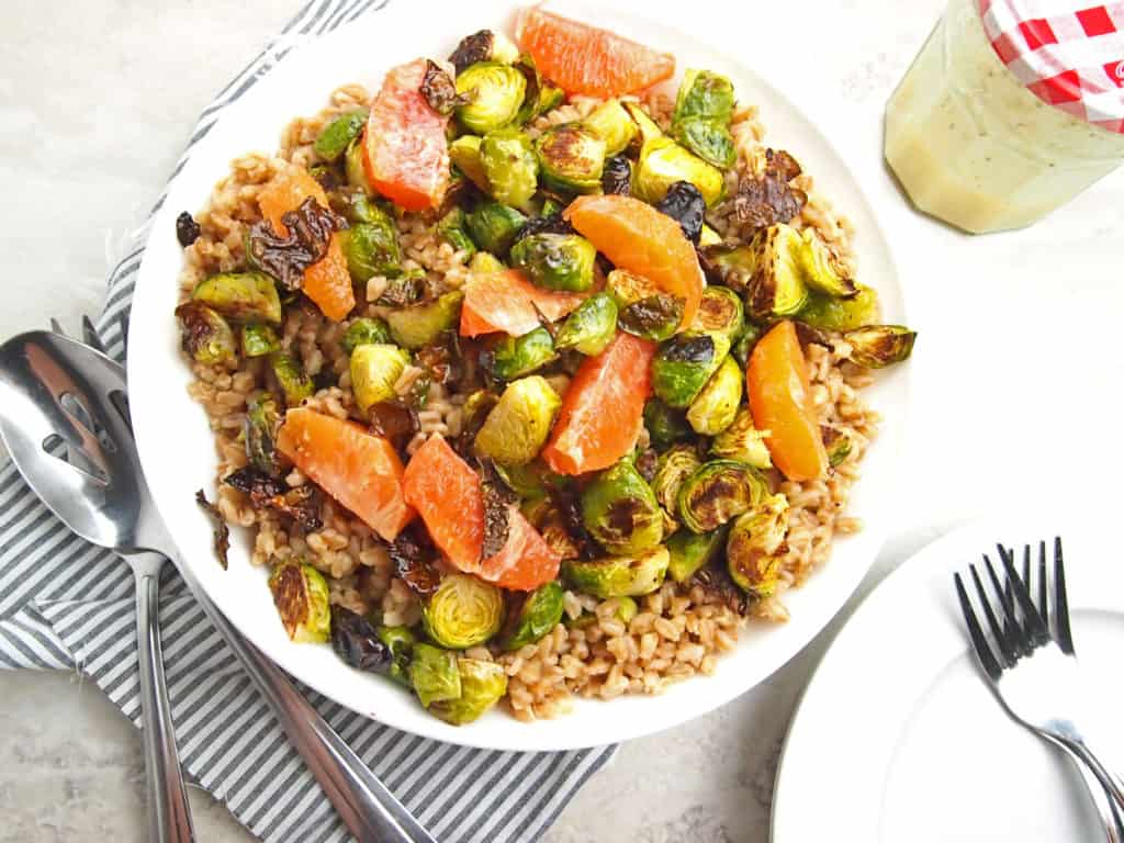 Overview of farro salad with brussels sprouts and citrus