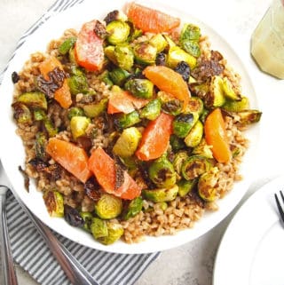 Overview of farro salad with brussels sprouts and citrus