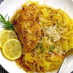 Overview of a plate of braised lemon chicken with spaghetti squash