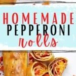Pinterest image of the pepperoni rolls slices with the words "homemade pepperoni rolls"