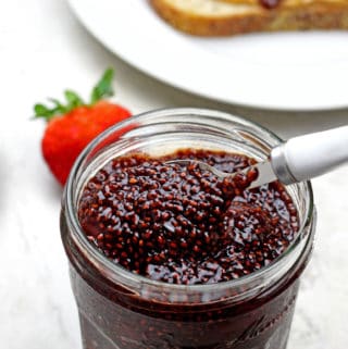 Balsamic Strawberry Chia Jam in a chia with a spoon