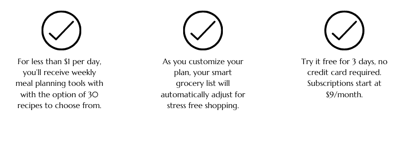 How Meal Planning Works Here's how the meal planning services works: For less than $1 per day, you’ll receive weekly meal planning tools with with the option of 30 recipes to choose from. As you customize your plan, your smart grocery list will automatically adjust for stress free shopping. Try it free for 3 days, no credit card required. Subscriptions start at $9/month.