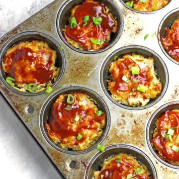 Mini Chicken Meatloaves with Pineapple BBQ Sauce in a Muffin Tin