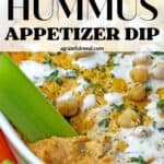 Pinterest image with the words "buffalo hummus appetizer dip" in text overlay.