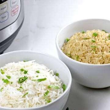 Brown and white instant pot basmati rice on a white background with an instant pot next to it.