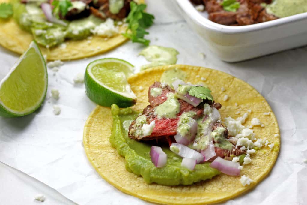 Close up of a taco with instant pot carne asada.