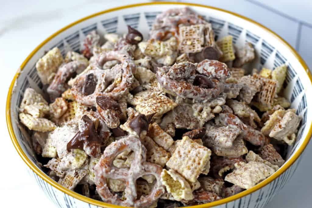 Close up of churro chex mix