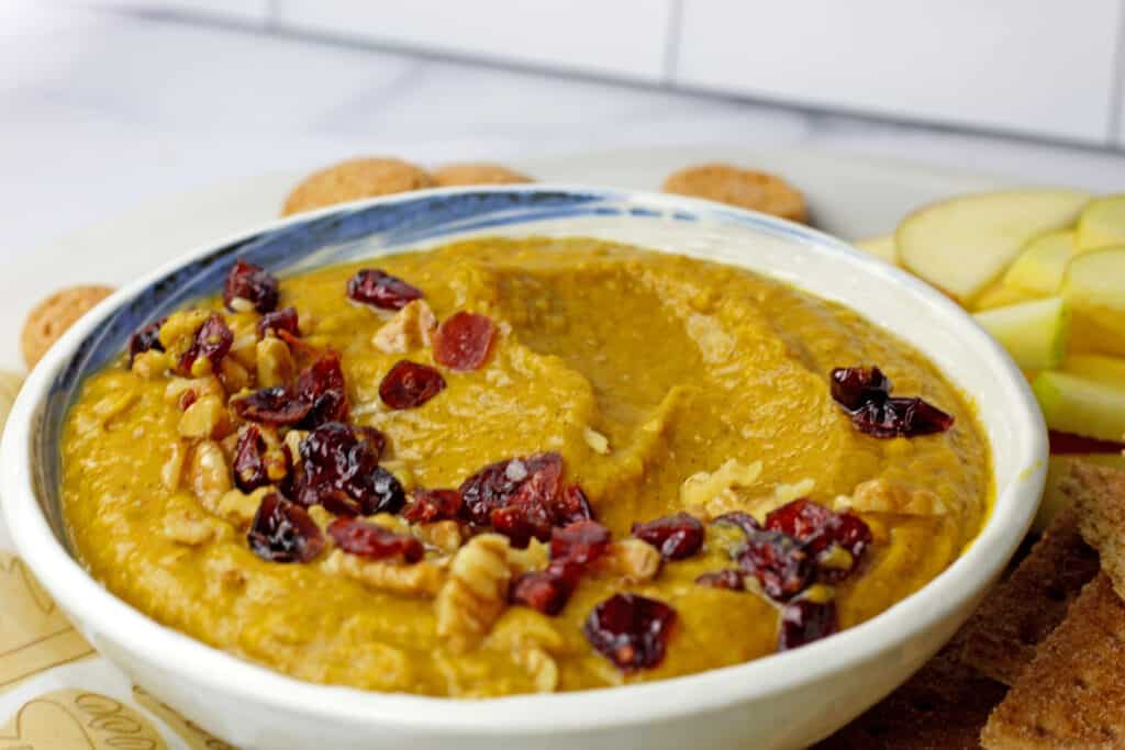 Close up of pumpkin pie hummus with dried cranberries and crushed nuts.