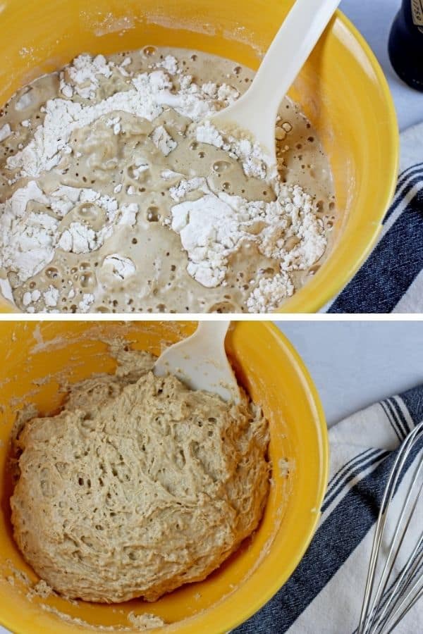 A two photo collage of the the beer bread dough. The top picture is the beer and the flour in a yellow bowl without stirring. and the second photo is of the dough mixed together for the 3 ingredient beer bread.