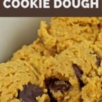 A pinterest image of a bowl of chickpea cookie dough with the words "easy edible cookie dough" in white writing on a brown background.
