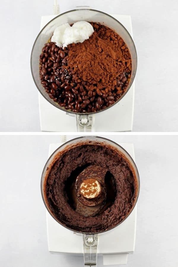 Two images of blended and unblended edible brownie batter in a food processor.