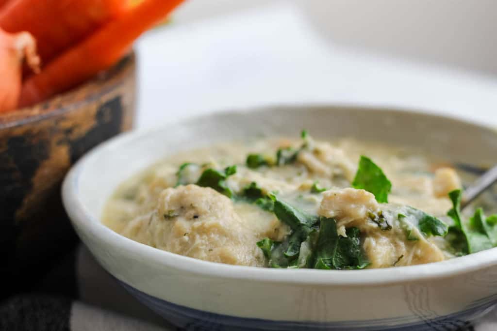 White and blue bowl of chicken and dumplings with a close up of the texture of the pancake mix dumplings.