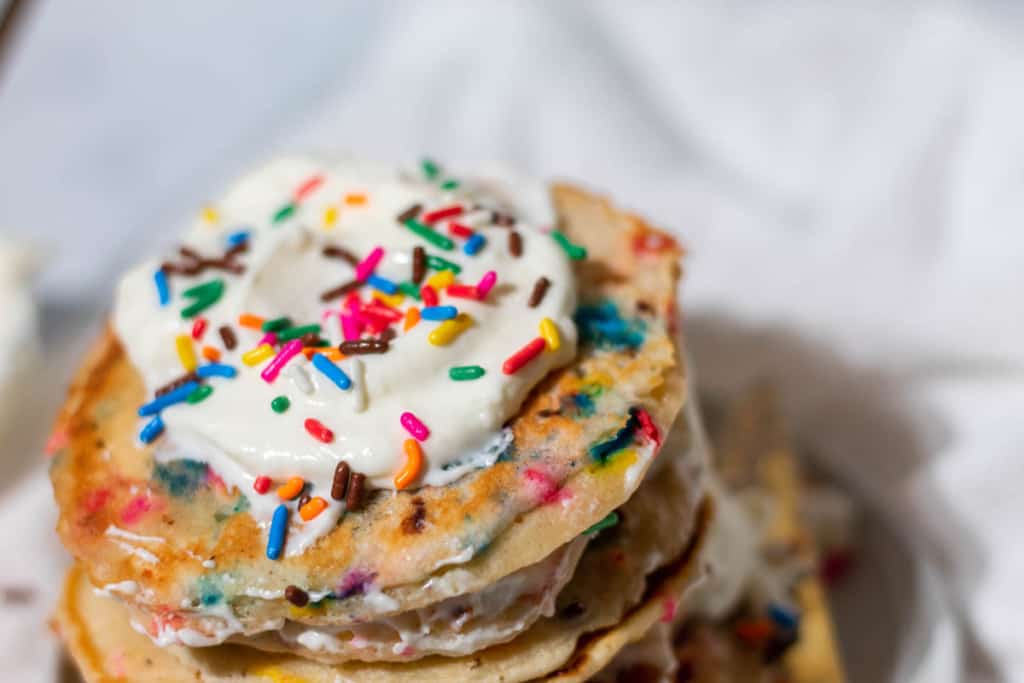 Strawberry Frosted Cake Batter Pancakes