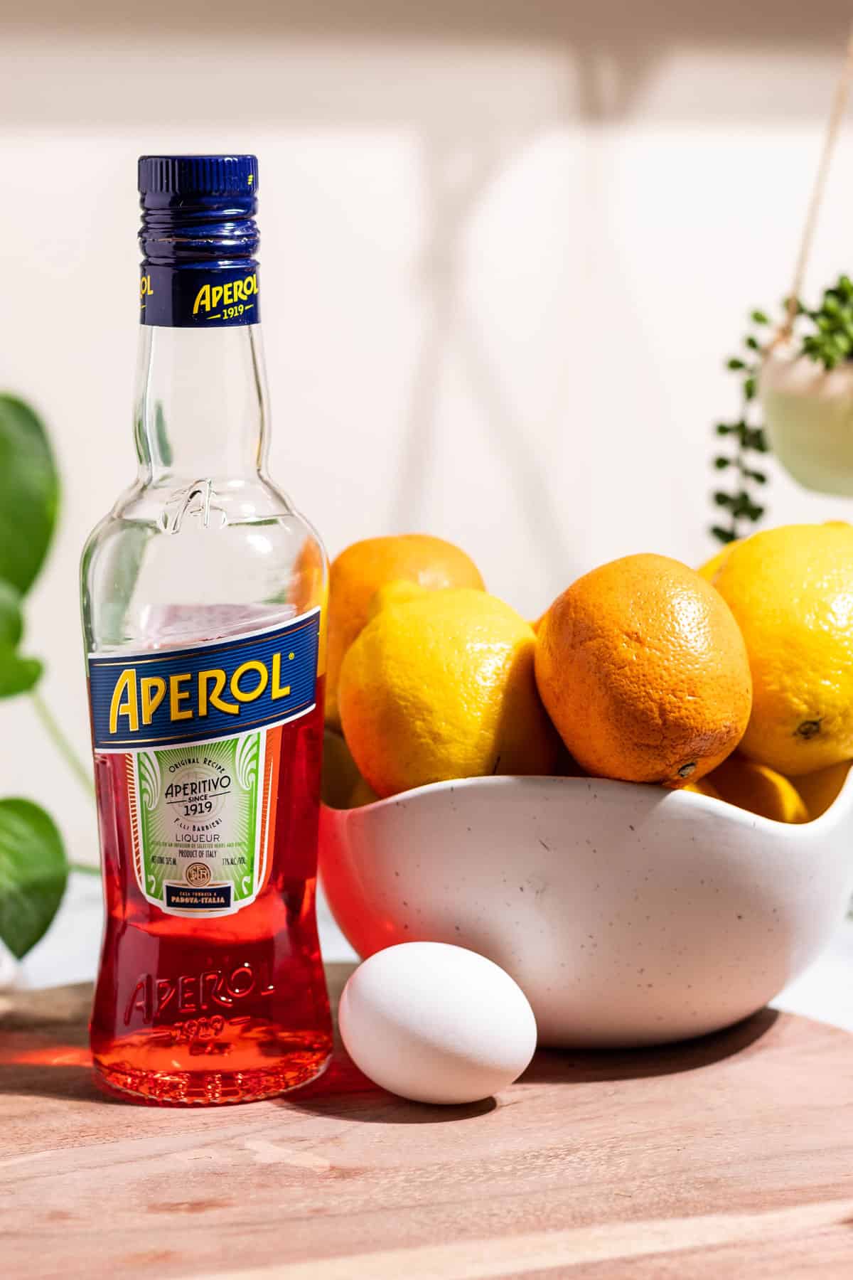 Ingredients for an aperol sour cocktail pictured - aperol, blood oranges, lemons, and an egg on a wood cutting board.