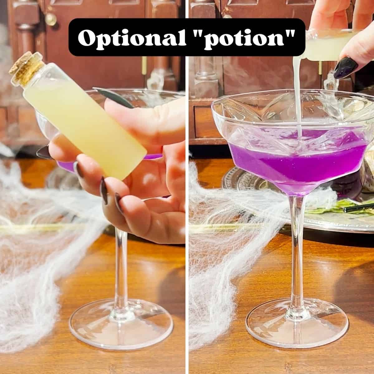 A vial of lemon juice being shown then poured into the cocktail - the text overlay reads "optional: "potion"".