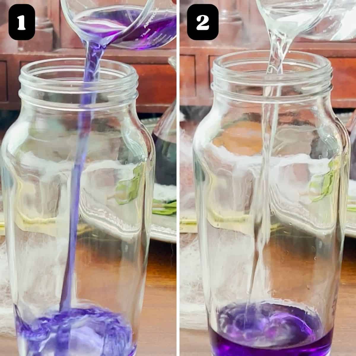 On left, butterfly pea flower vodka is poured into a shaker. On the right, orange liqueur is poured in.