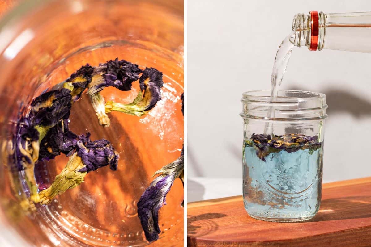 Two side-by-side pictures - the first being a view of the pea flowers in the bottom of the mason jar and the second of the mason jar being filled by plain vodka where you can see the vodka starting to turn blue.