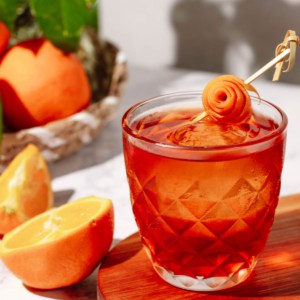 Aperol negroni on a wood cutting board with cut and whole oranges and a green plant in the background.