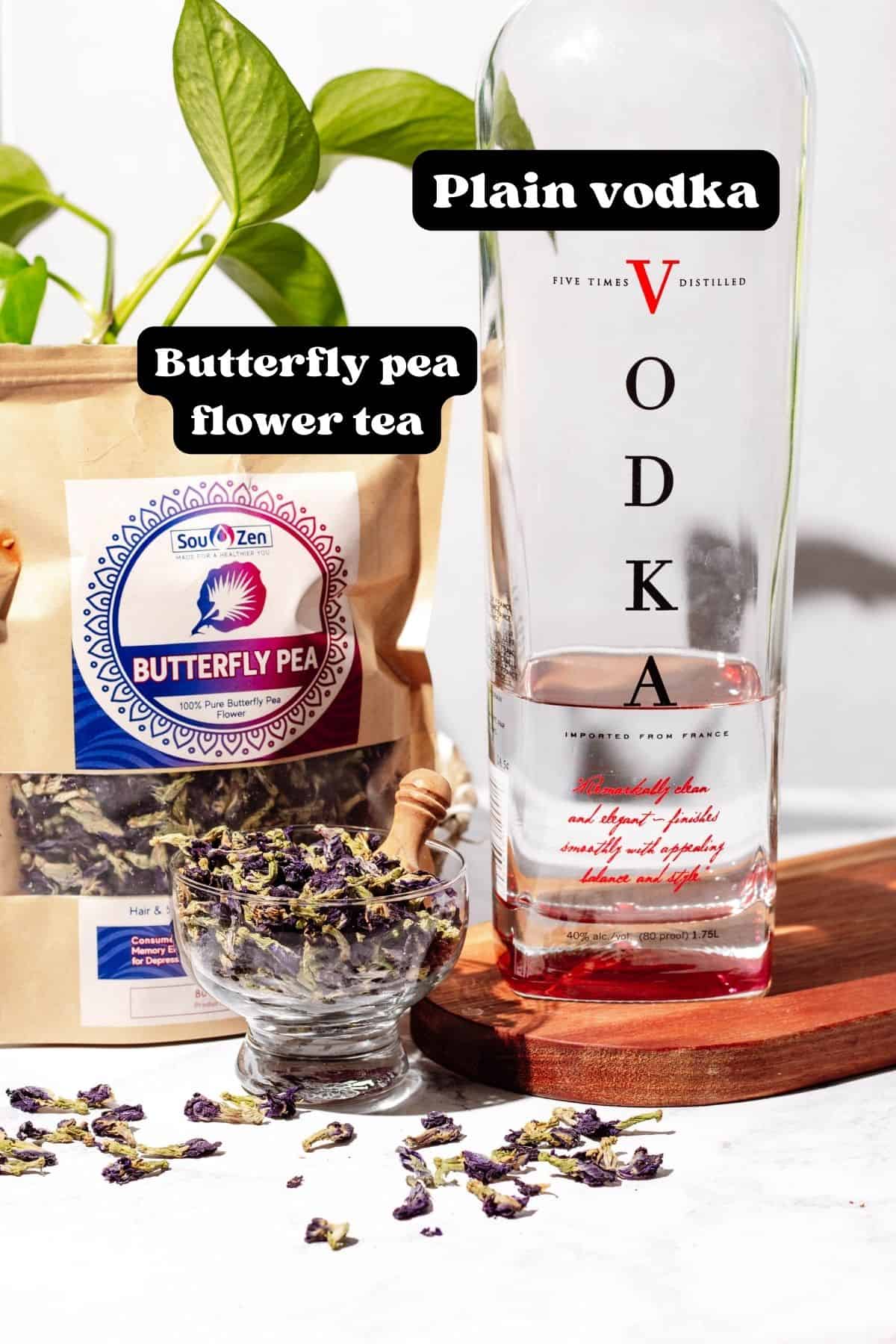 Picture of ingredients of vodka and butterfly pea flower tea on a white background with the words "butterfly pea flower tea" and "plain vodka" in black and white lettering.