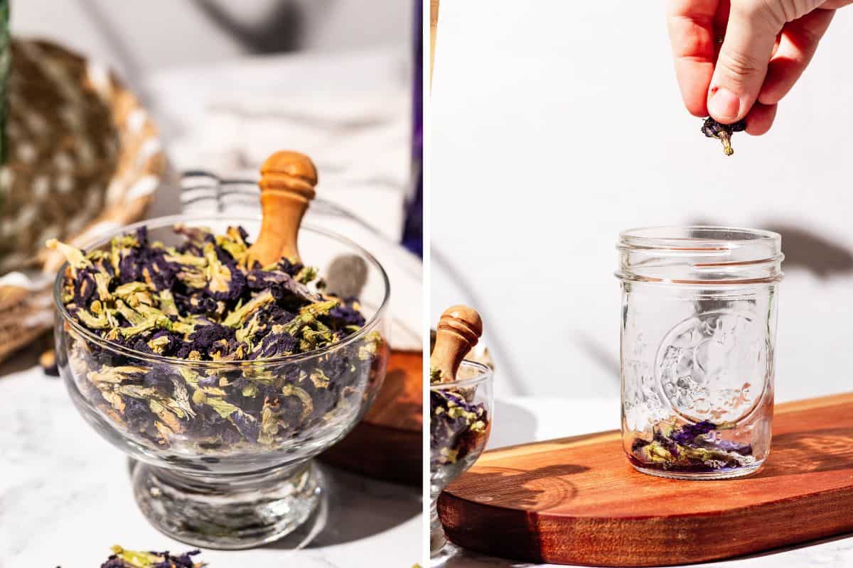 Two pictures side by side - the first is a bowl of butterfly pea flower tea with a wooden scoop stuck in the middle and the second is picture of the tea being dropped into a mason jar by a hand.