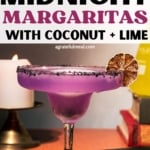 Pinterest image of margarita and the words "practical magic midnight margaritas with coconut + lime".