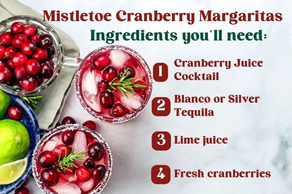Two margaritas with the ingredients listed out: cranberry juice, tequila, lime juice, and fresh cranberries.