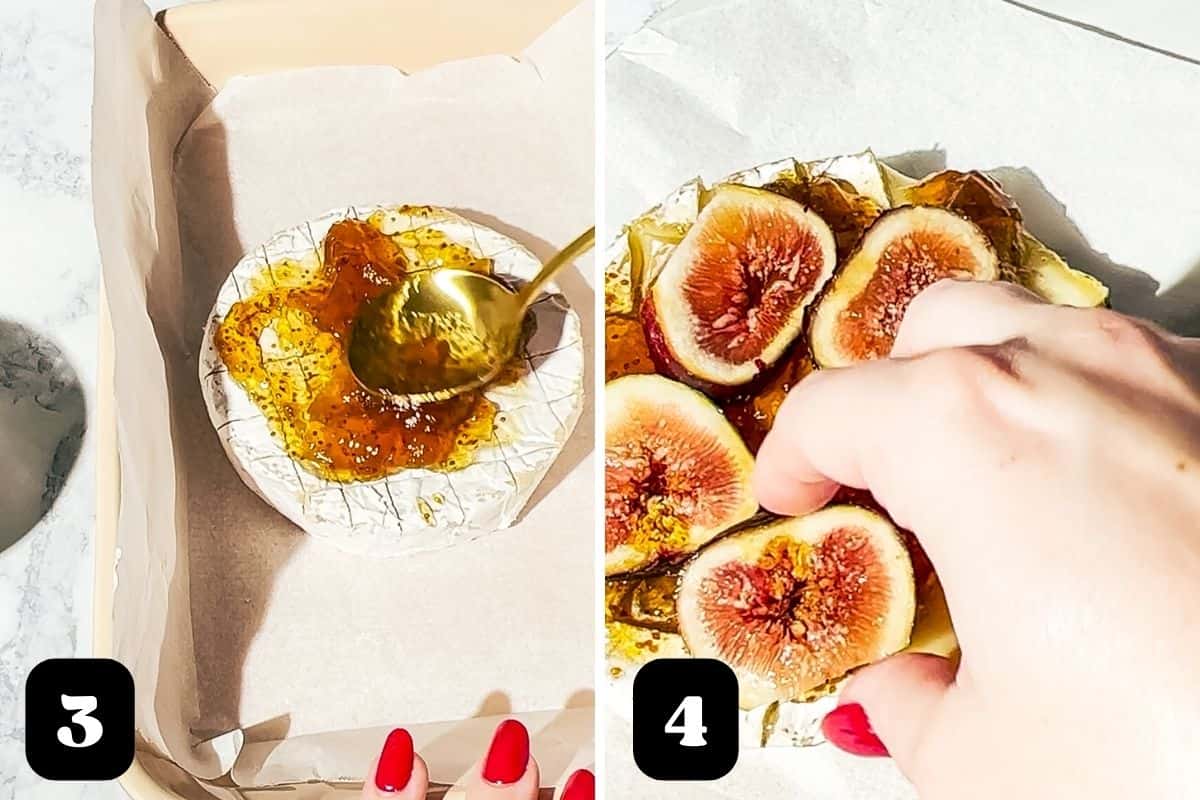 Steps 3 and 4 showing spreading of fig jam and layering fresh figs on top of brie wheel.