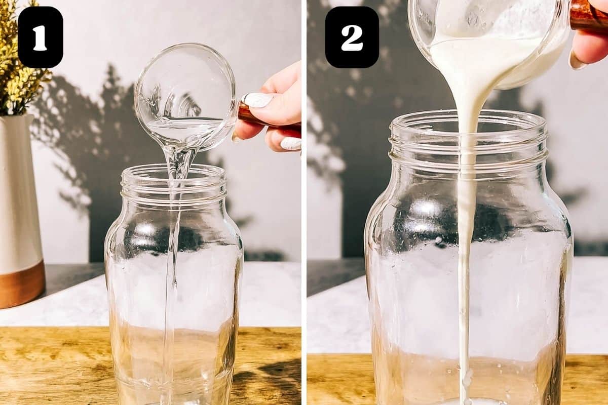 Steps 1 and 2 showing vodka and cream being poured into a cocktail shaker.