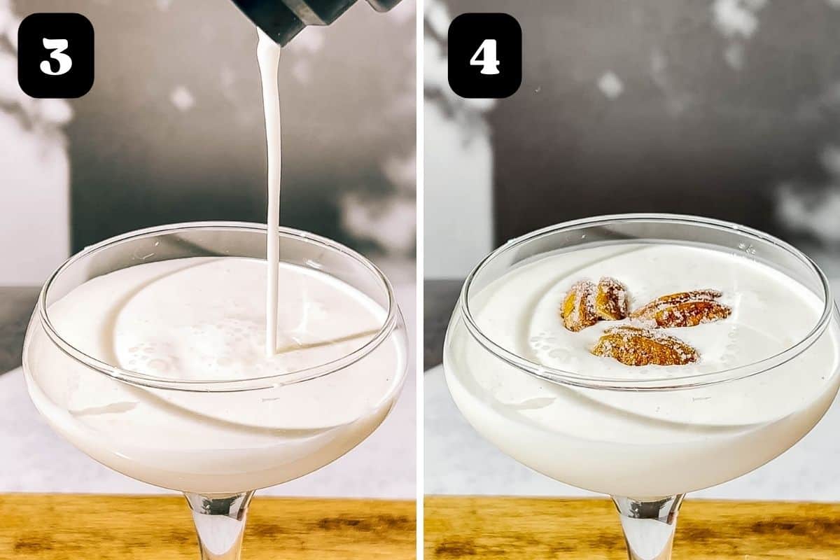 Steps 3 and 4 showing martini being poured into glass and then after garnishing with candied pecans.