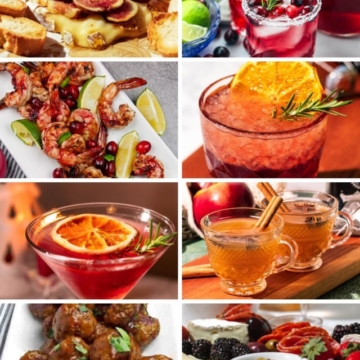 8 holiday recipes for appetizers and cocktails in a grid.