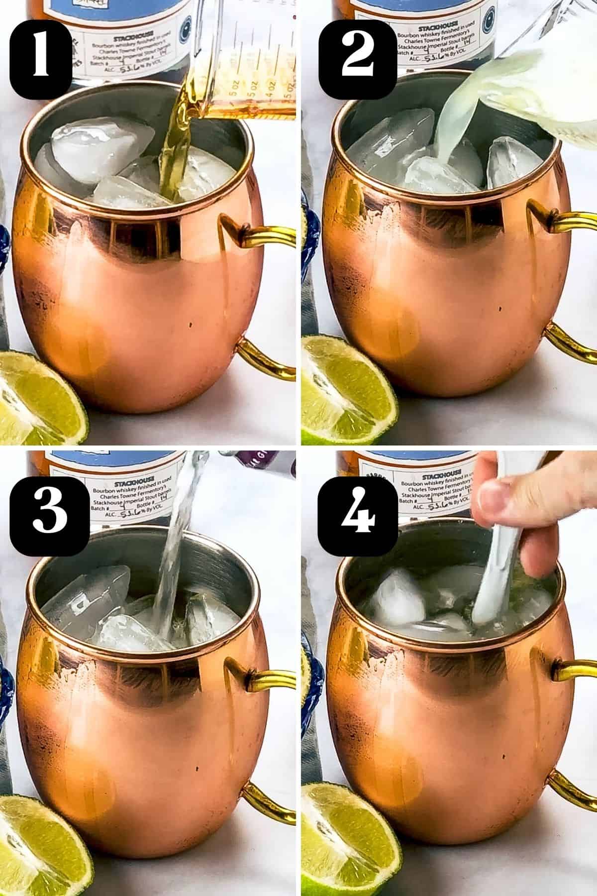 Steps 1-4 showing adding bourbon, lime juice, and ginger beer to copper mug and then stirring.