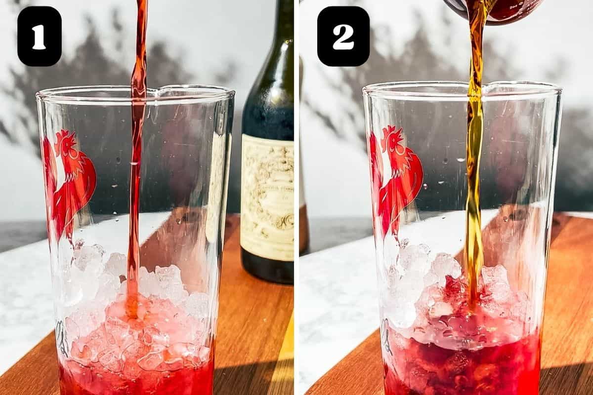 Steps 1 and 2 showing Campari and sweet vermouth being added to a mixing glass.