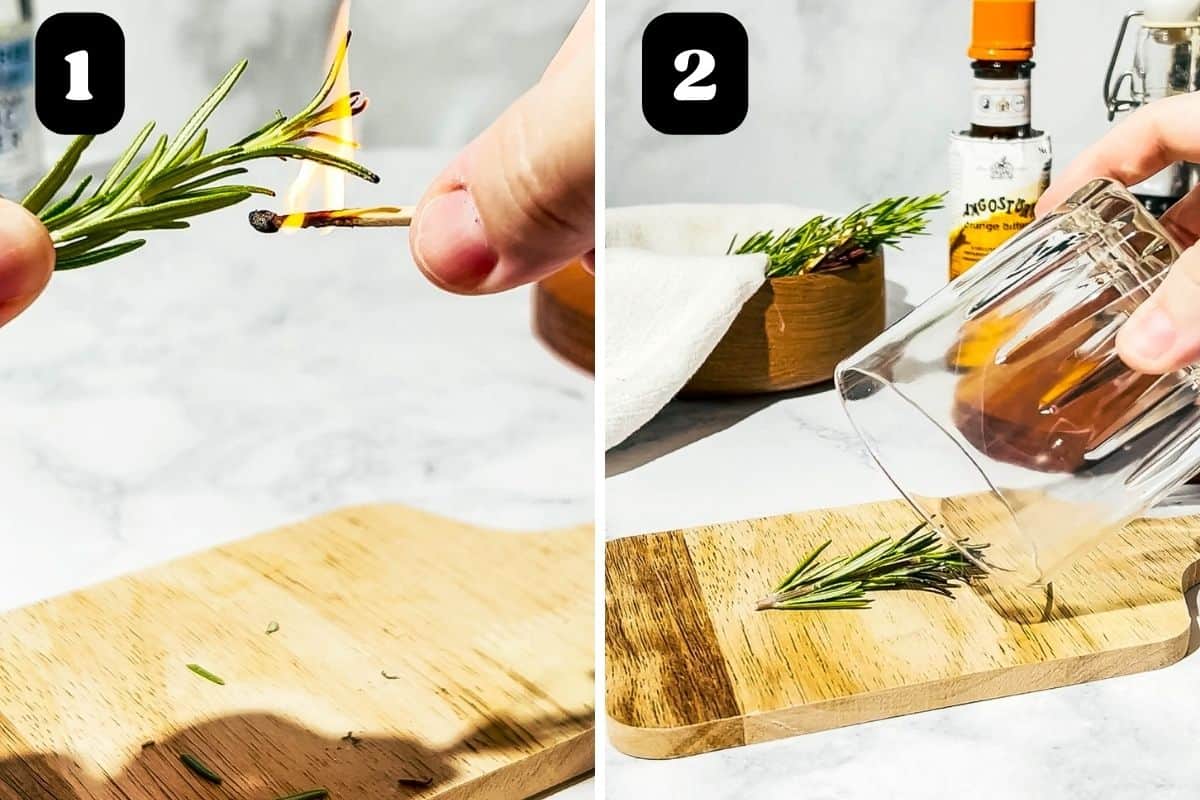 Steps 1 and 2 showing lighting rosemary and putting under a glass.