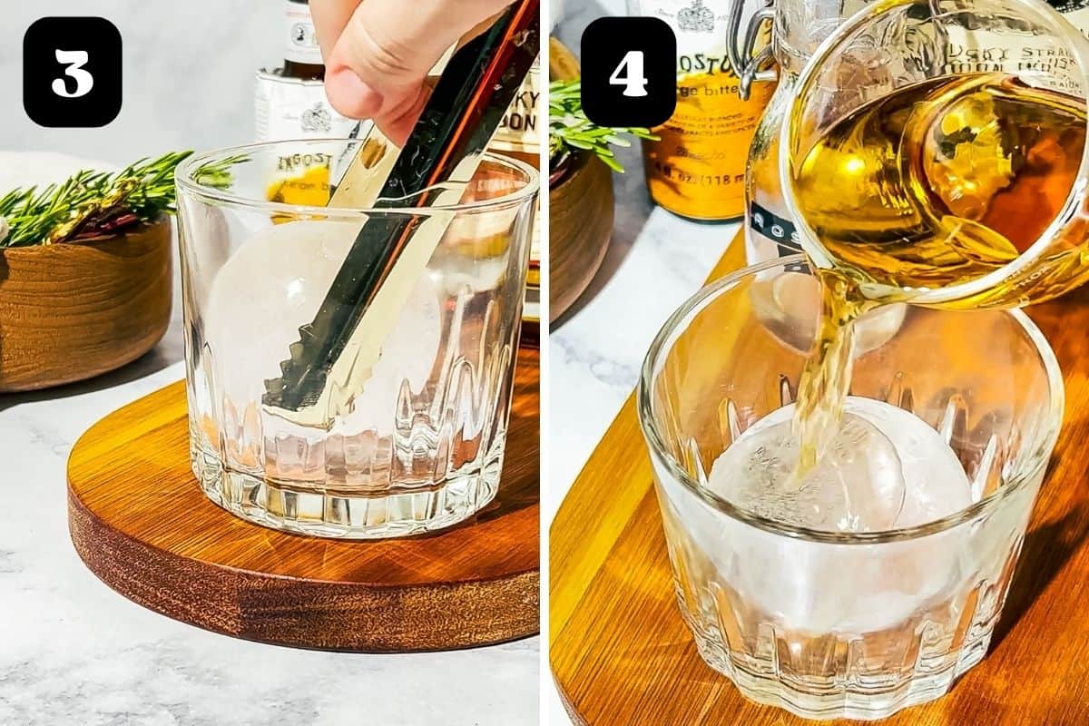 Steps 2 and 3 showing adding ice and bourbon. 