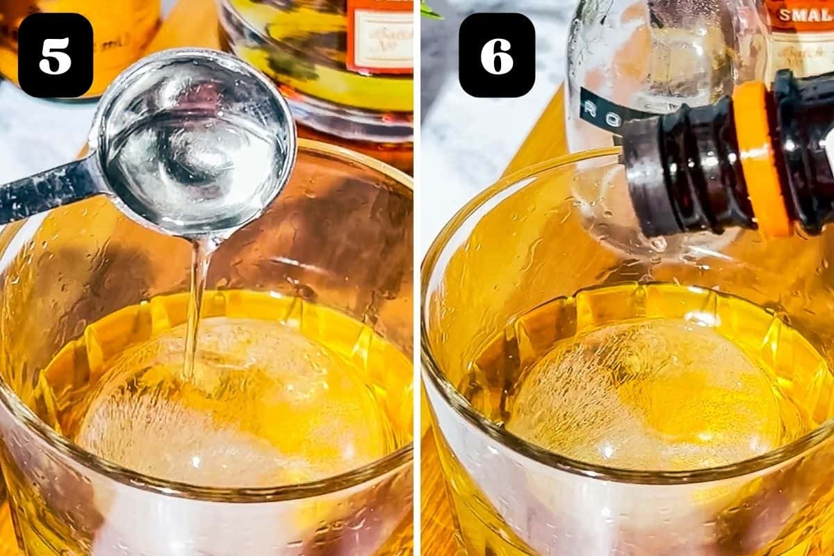 Steps 4 and 5 showing adding rosemary simple syrup and orange bitters.