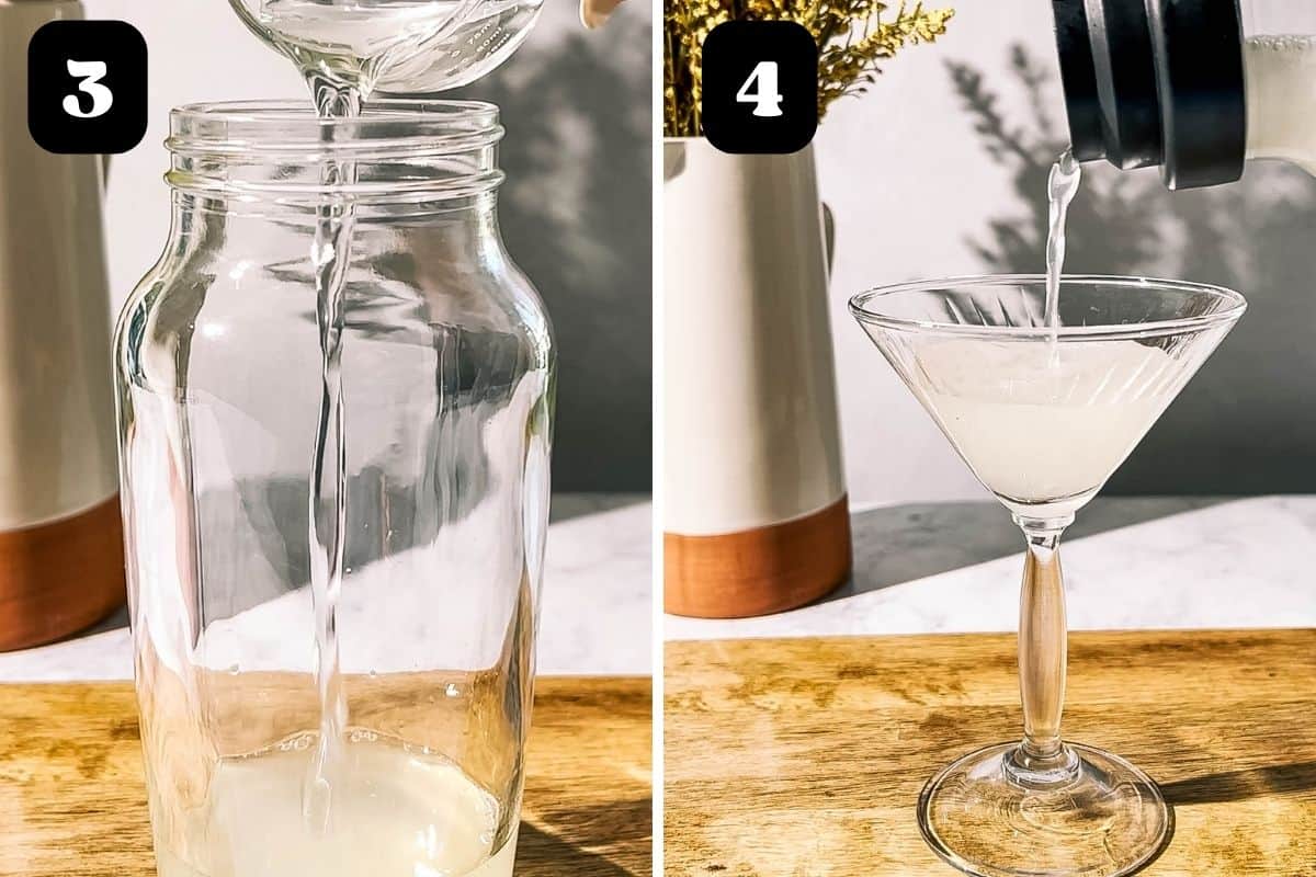 Steps 3 and 4 showing adding simple syrup and then straining into the martini glass.