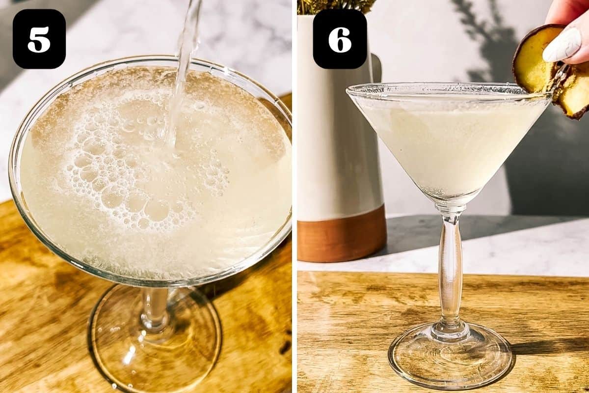 Steps 5 and 6 showing adding prosecco and garnishing with a pear slice.