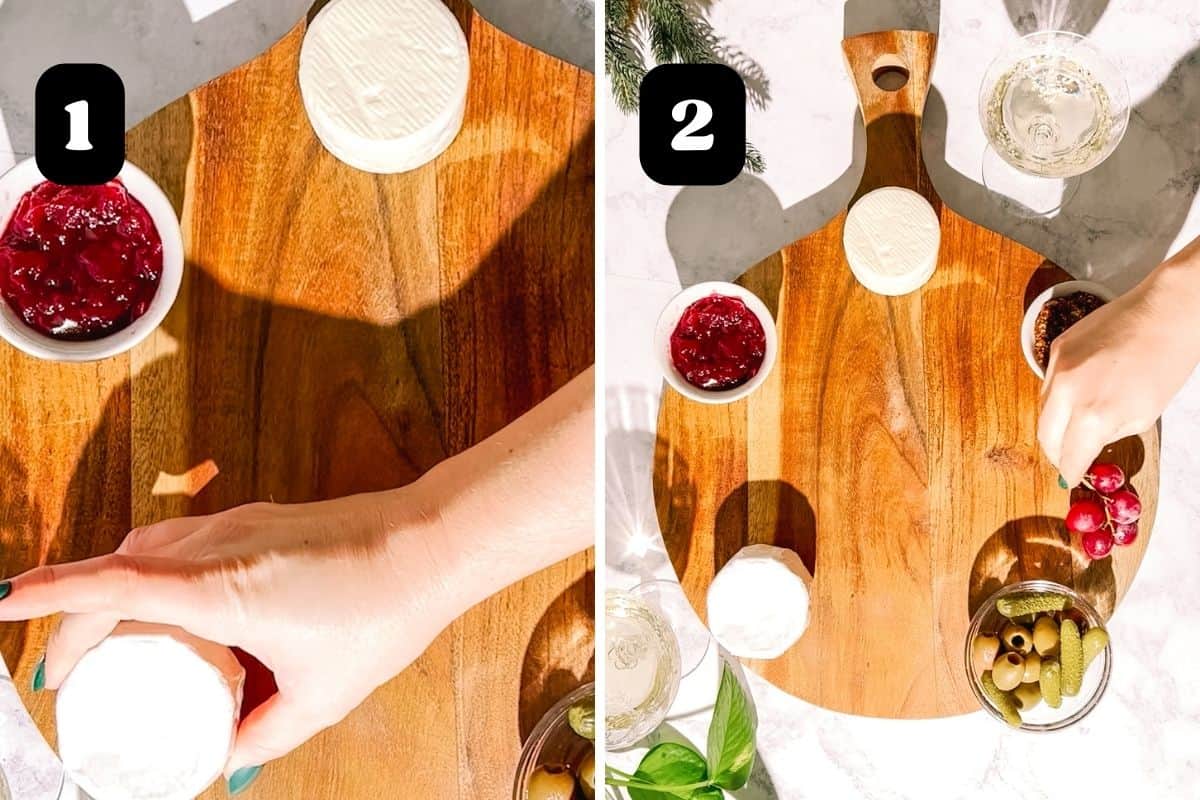 Step 1 and 2 showing how to arrange the mini cheese wheels and grapes on the board.