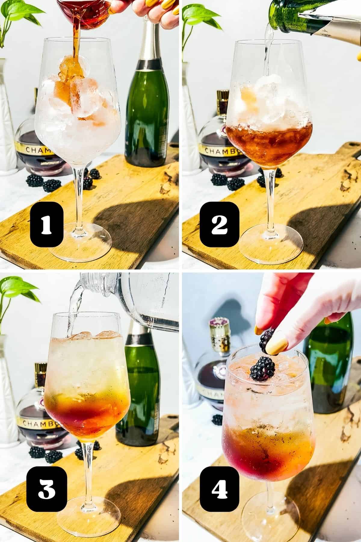 Steps 1-4 demonstrating how to make the cocktail.