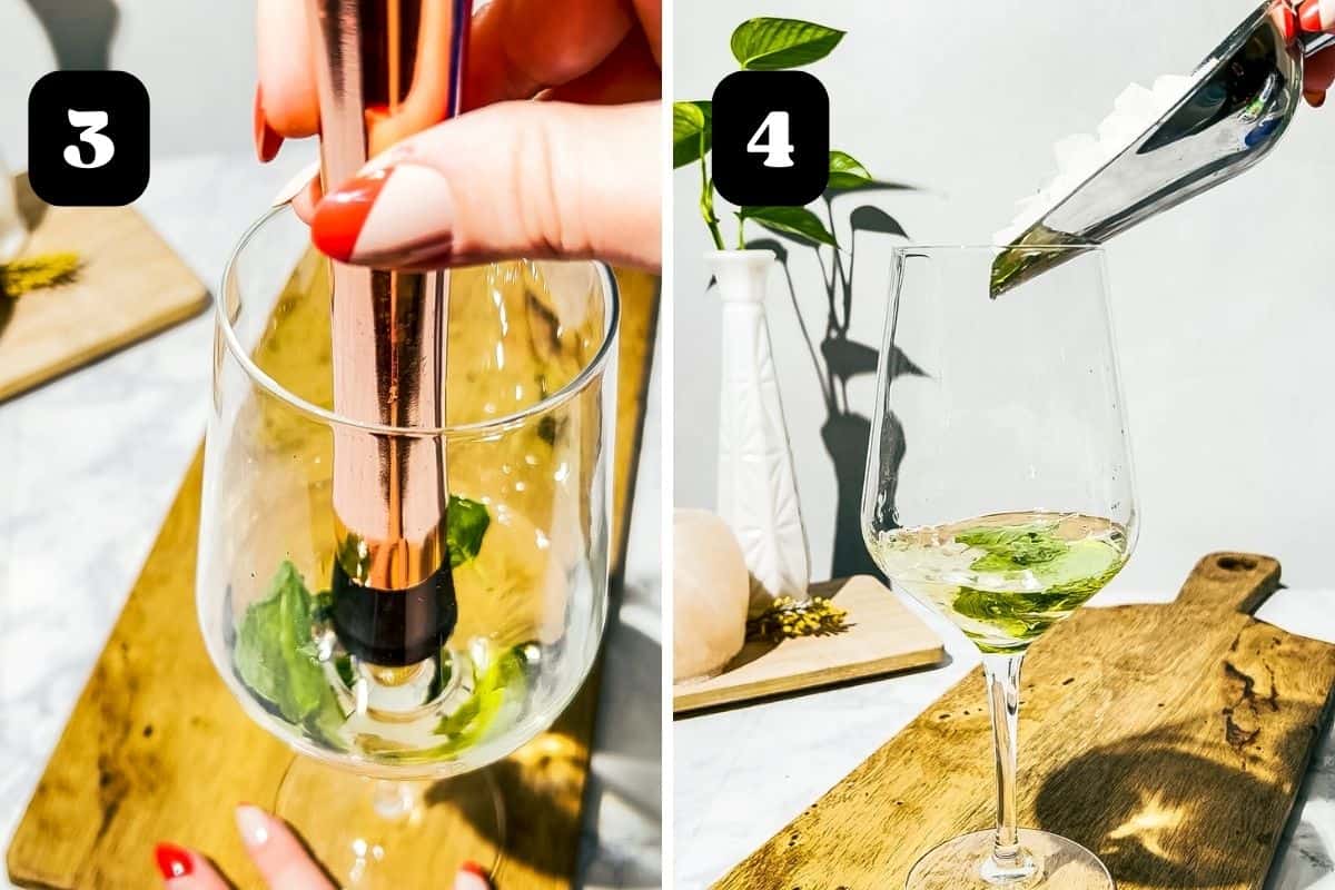 Steps 3 and 4 shown muddling mint and adding ice to the wine glass.