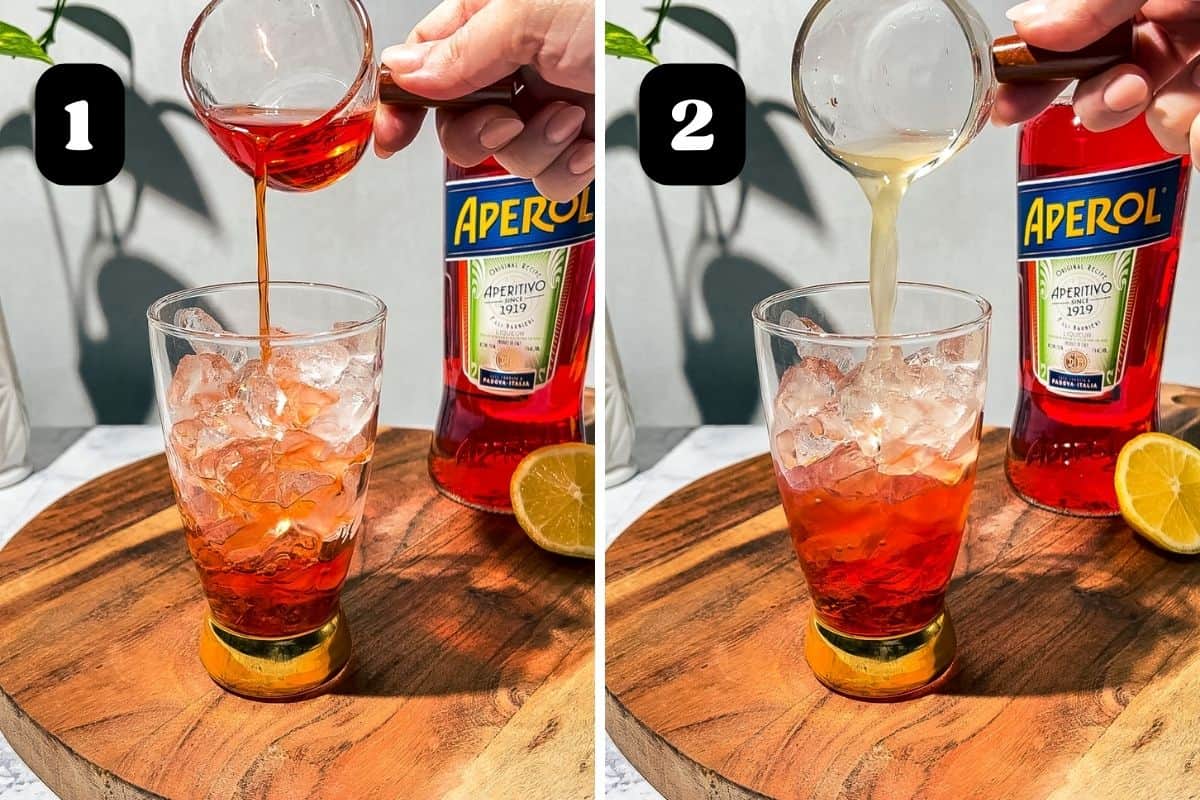 Step 1 and 2 showing adding the aperol and lemon juice to the cocktail glass.