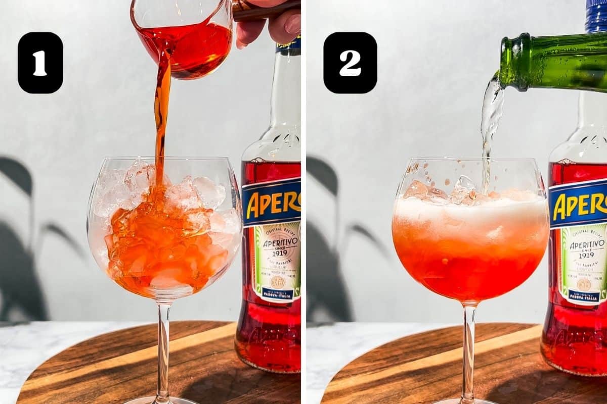 Steps 1 and 2 showing adding the aperol and prosecco to the wine glass.