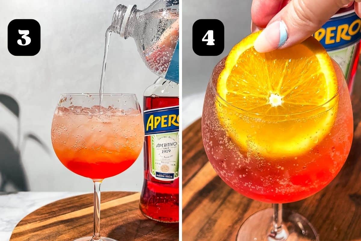 Steps 3 and 4 showing adding the soda water and garnishing with an orange slice.